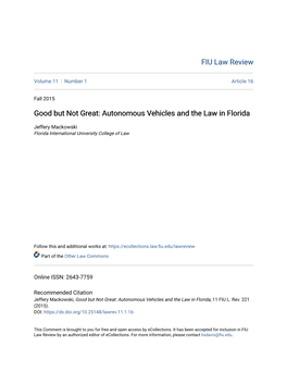 Autonomous Vehicles and the Law in Florida