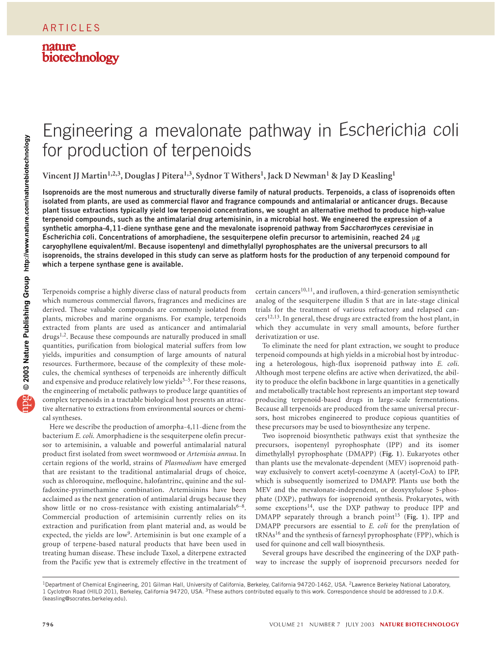 Engineering a Mevalonate Pathway in Escherichia Coli for Production of Terpenoids