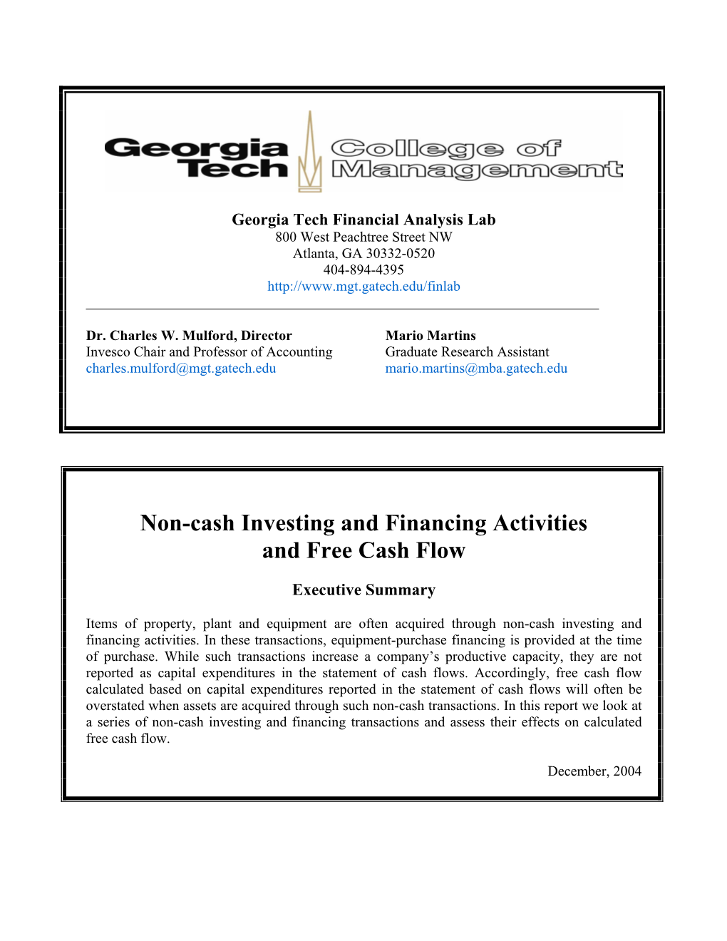 Non-Cash Investing and Financing Activities and Free Cash Flow
