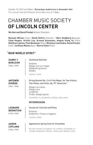 CHAMBER MUSIC SOCIETY of LINCOLN CENTER Wu Han and David Finckel Artistic Directors