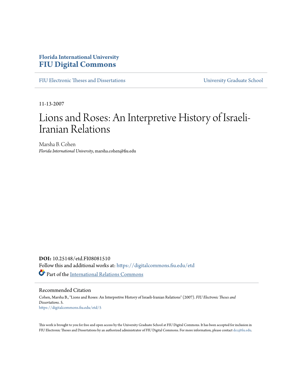 Lions and Roses: an Interpretive History of Israeli-Iranian Relations