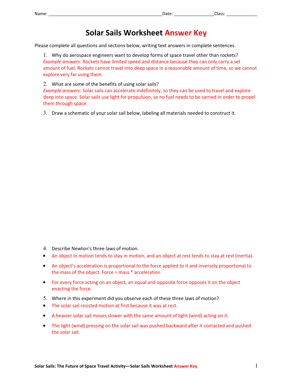 Solar Sails Worksheet Answer Key