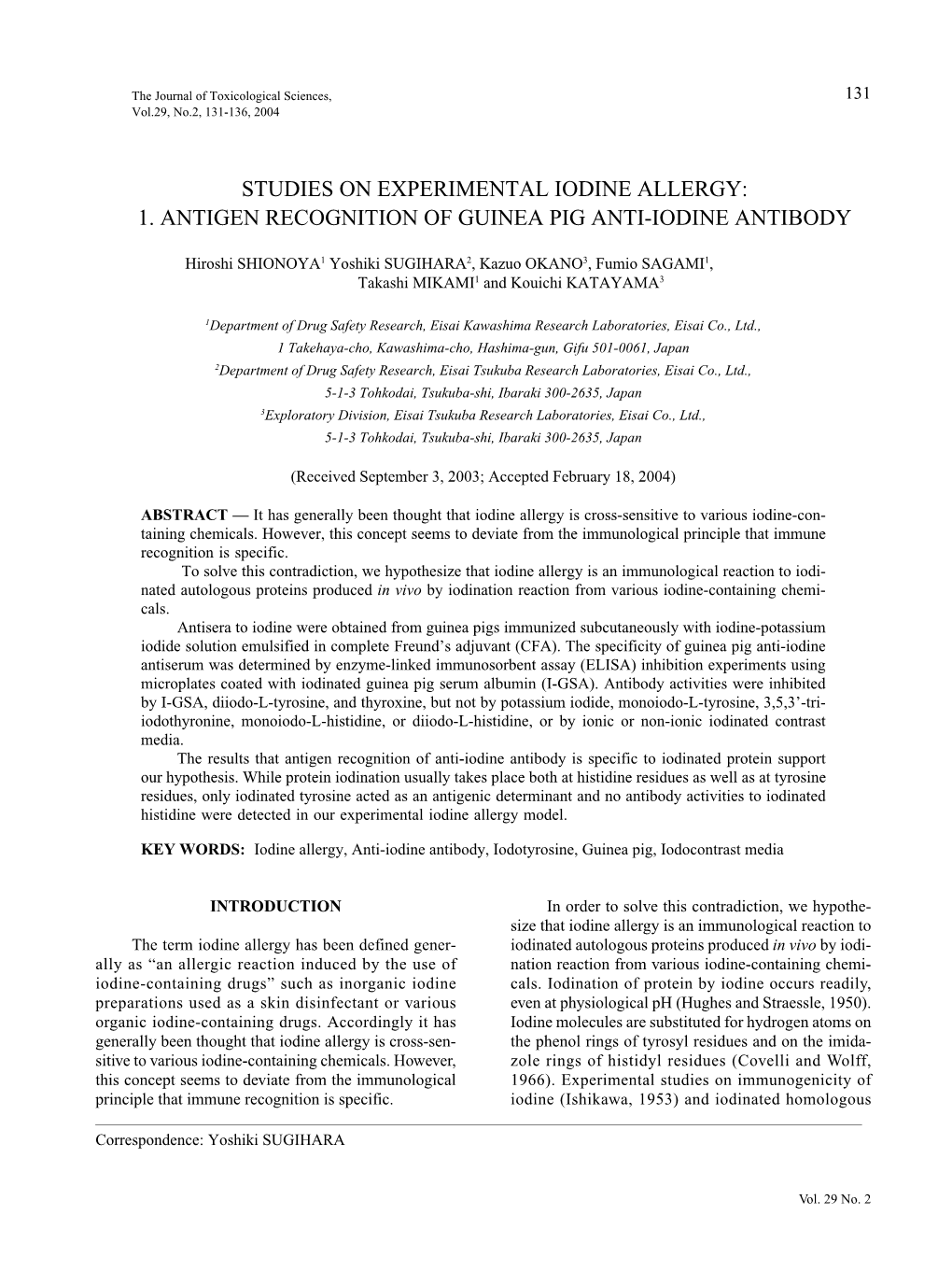 Studies on Experimental Iodine Allergy: 1. Antigen Recognition of Guinea Pig Anti-Iodine Antibody