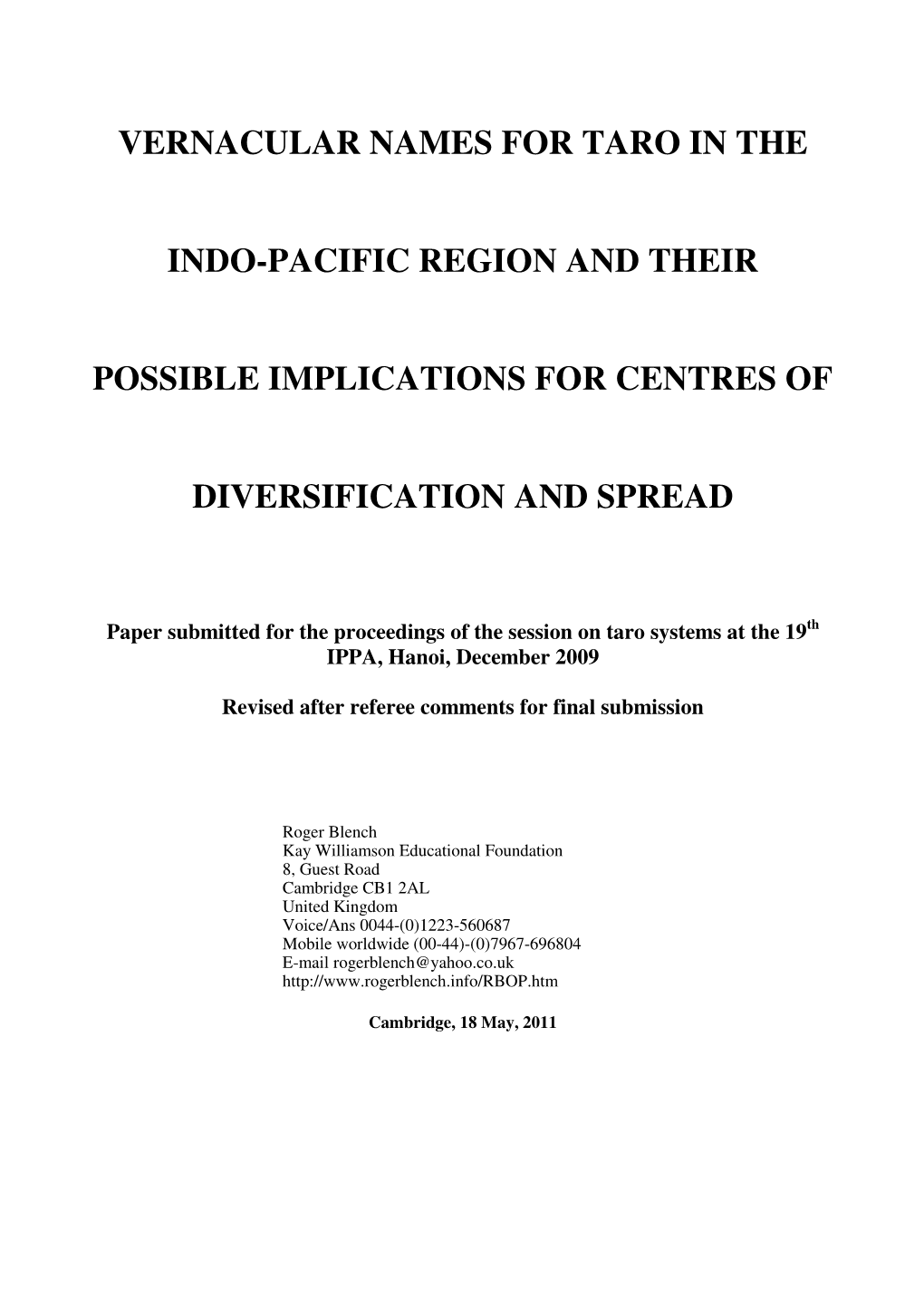 Vernacular Names for Taro in the Indo-Pacific Region and Their