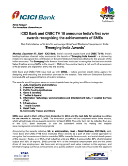 ICICI Bank and CNBC TV 18 Announce India's First Ever Awards