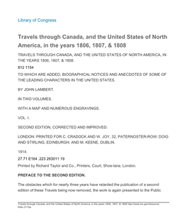 Travels Through Canada, and the United States of North America, in the Years 1806, 1807, & 1808