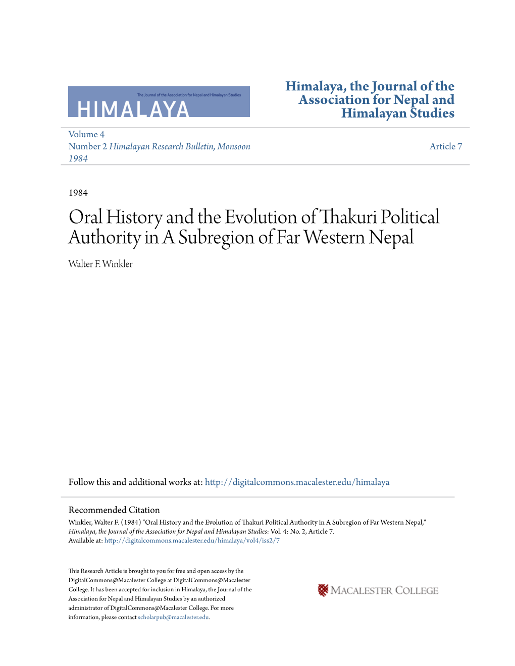 Oral History and the Evolution of Thakuri Political Authority in a Subregion of Far Western Nepal Walter F