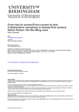 From Text to Screen/From Screen to Text. Collaborative Narratives in Twenty-First Century Italian Fiction: the Wu Ming Case Patti, Emanuela