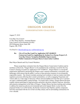August 27, 2019 Coos Bay City Council C/O Mr. Henry Hearley