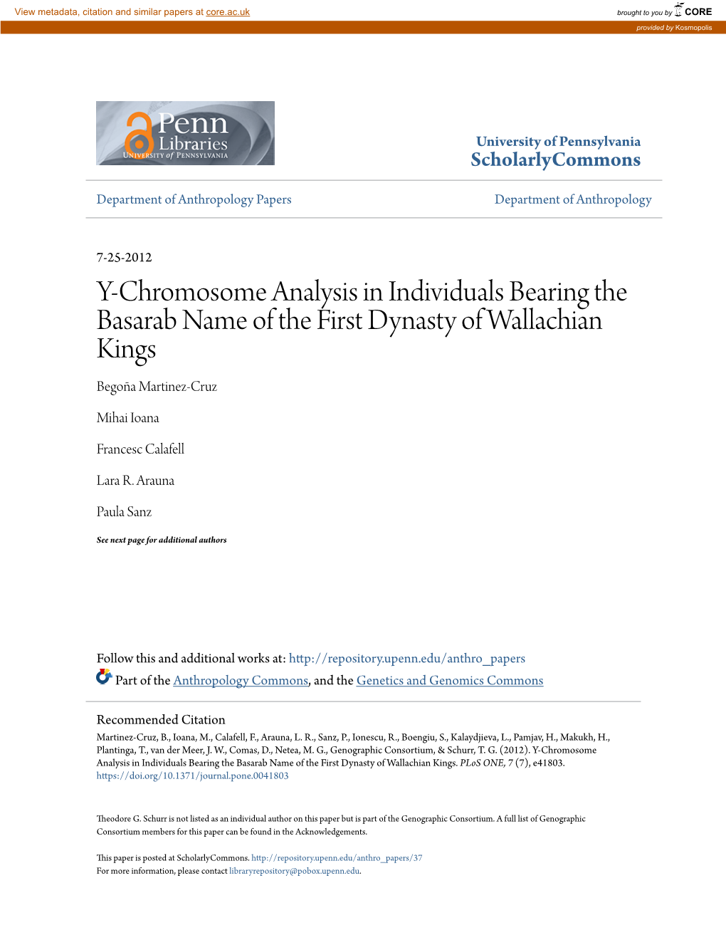 Y-Chromosome Analysis in Individuals Bearing the Basarab Name of the First Dynasty of Wallachian Kings Begoña Martinez-Cruz