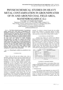 Physicochemical Studies on Heavy Metal Contamination in Groundwater of in and Around Coal Field Area, Manendragarh (C.G.) P