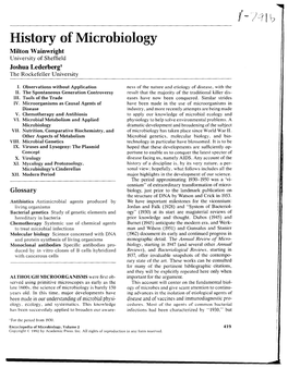 History of Microbiology Milton Wainwright University of Sheffield Joshua Lederbergl the Rockefeller University