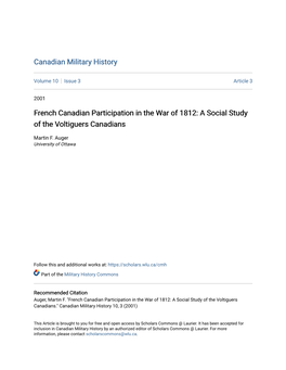 French Canadian Participation in the War of 1812: a Social Study of the Voltiguers Canadians