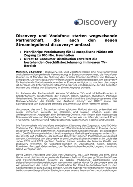 Discovery Und Vodafone Starten Wegweisende Partnerschaft, Die Auch Den Neuen Streamingdienst Discovery+ Umfasst