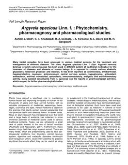 Argyreia Speciosa Linn. F. : Phytochemistry, Pharmacognosy and Pharmacological Studies