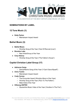 NOMINATIONS by LABEL 12 Tone Music (1) Bethel Music (3