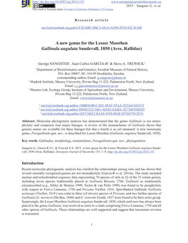 A New Genus for the Lesser Moorhen Gallinula Angulata Sundevall, 1850 (Aves, Rallidae)