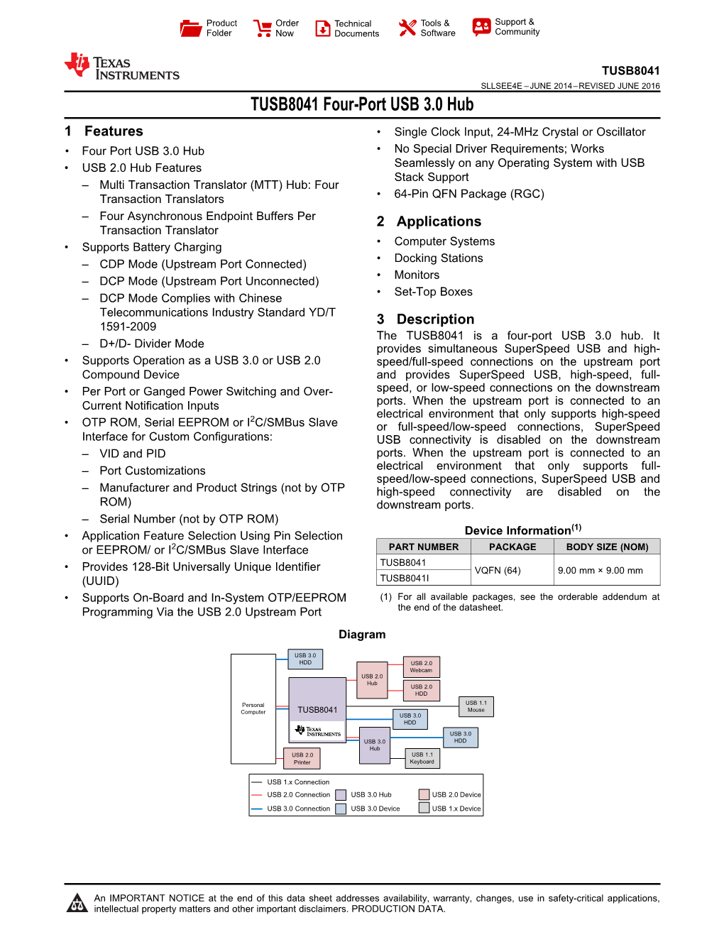 TUSB8041 Four-Port USB 3.0 Hub Datasheet