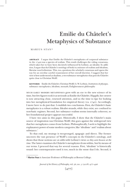 Emilie Du Châtelet's Metaphysics of Substance