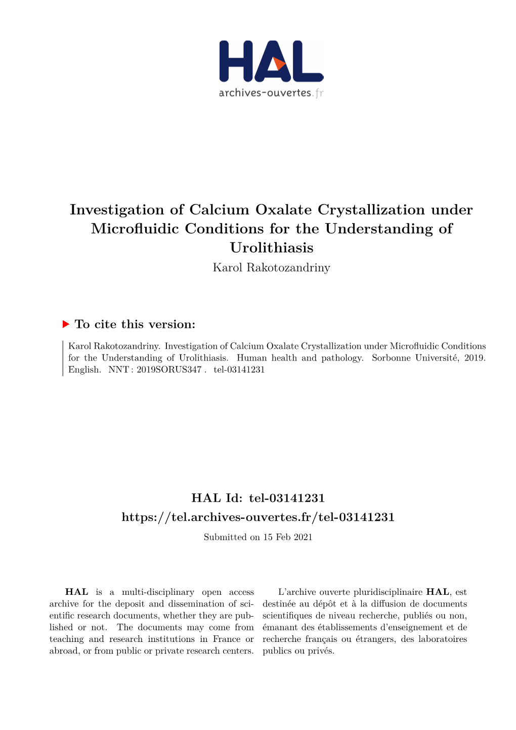 Investigation of Calcium Oxalate Crystallization Under Microfluidic Conditions for the Understanding of Urolithiasis Karol Rakotozandriny