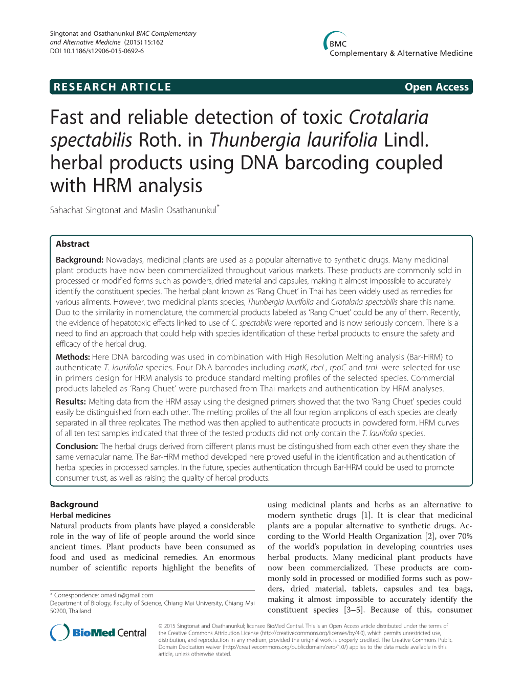 Fast and Reliable Detection of Toxic Crotalaria Spectabilis Roth. in Thunbergia Laurifolia Lindl