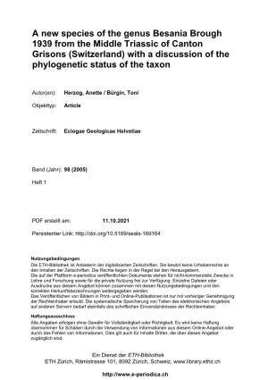 A New Species of the Genus Besania Brough 1939 from the Middle Triassic of Canton Grisons (Switzerland) with a Discussion of the Phylogenetic Status of the Taxon