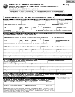 CFA-1) DESIGNATION of PRINCIPAL COMMITTEE OR EXPLORATORY COMMITTEE State Form 4604 (R15 / 5-19) Indiana Election Division (IC 3-9-1-3; IC 3-9-1-4; IC 3-9-1-5