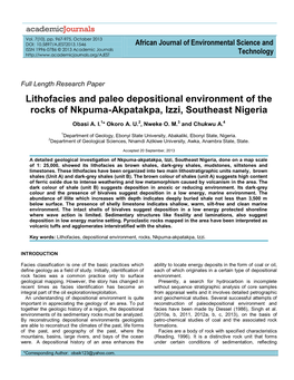 Lithofacies and Paleo Depositional Environment of the Rocks of Nkpuma-Akpatakpa, Izzi, Southeast Nigeria
