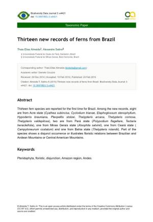 Thirteen New Records of Ferns from Brazil