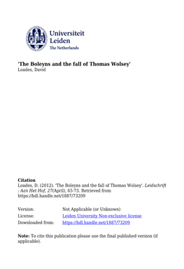 Artikel/Article: the Boleyns and the Fall of Thomas Wolsey Auteur/Author