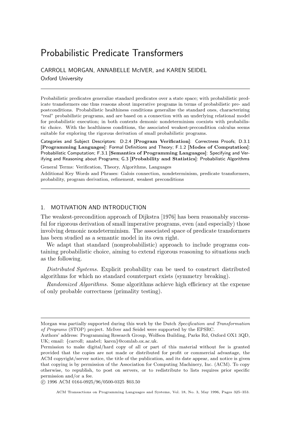 Probabilistic Predicate Transformers