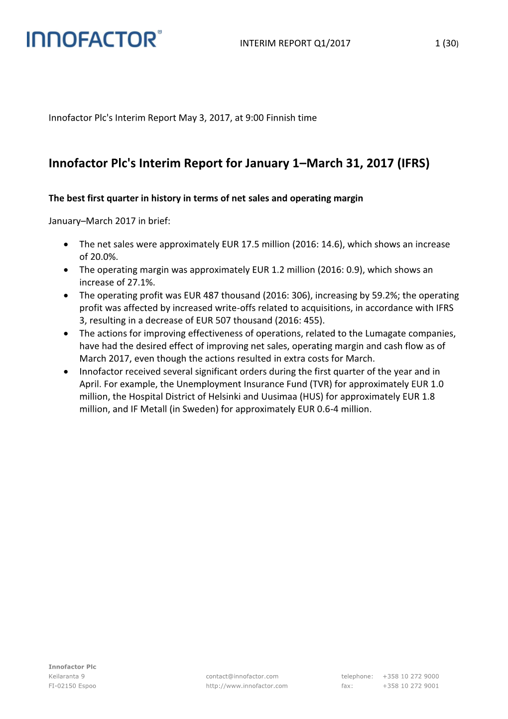 Innofactor Plc's Interim Report for January 1–March 31, 2017 (IFRS)