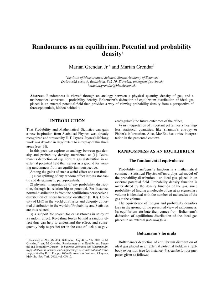 Randomness As an Equilibrium. Potential and Probability Density1
