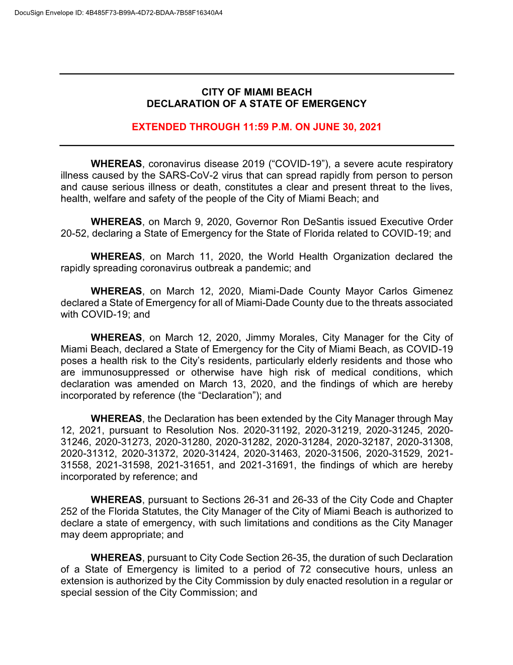 City of Miami Beach Declaration of a State of Emergency
