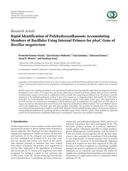 Research Article Rapid Identification of Polyhydroxyalkanoate Accumulating Members of Bacillales Using Internal Primers for Phac Gene of Bacillus Megaterium