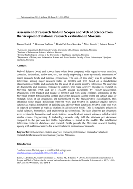 Assessment of Research Fields in Scopus and Web of Science from the Viewpoint of National Research Evaluation in Slovenia