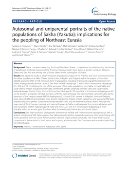 Autosomal and Uniparental Portraits of the Native Populations of Sakha (Yakutia): Implications for the Peopling of Northeast