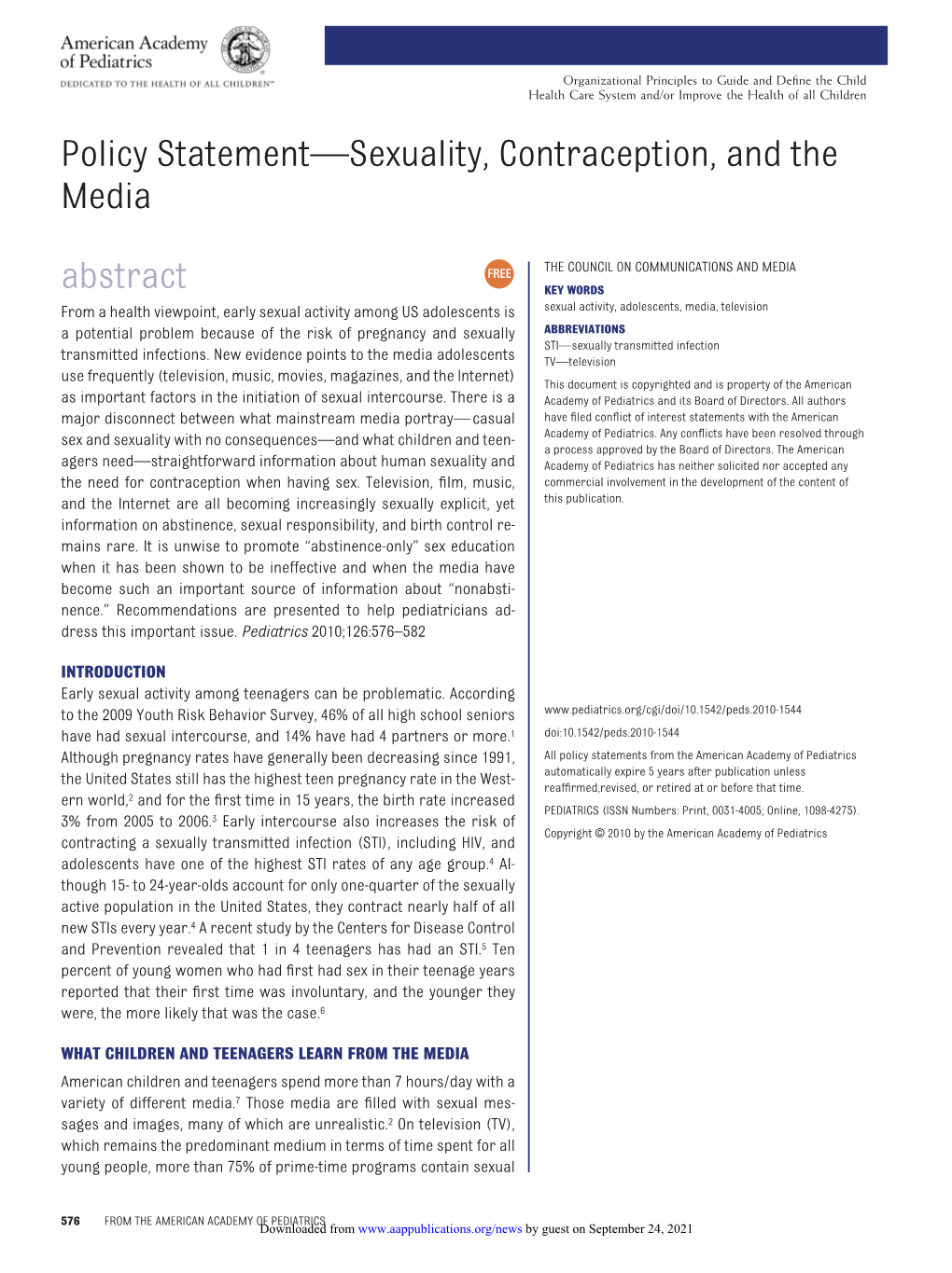 Policy Statement—Sexuality, Contraception, and the Media Abstract