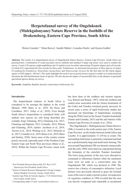 Herpetofaunal Survey of the Ongeluksnek (Malekgalonyane) Nature Reserve in the Foothills of the Drakensberg, Eastern Cape Province, South Africa