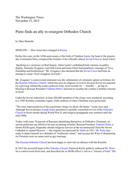Putin Finds an Ally in Resurgent Orthodox Church