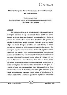 Rhcological Properties of Concentrated Alumina Slurries: Influence of Ph and Dispersant Agent