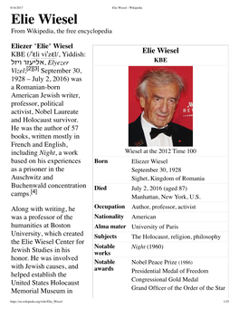 Elie Wiesel - Wikipedia Elie Wiesel from Wikipedia, the Free Encyclopedia