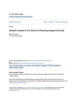 Geriatric Content in U.S. Doctor of Pharmacy Degree Curricula