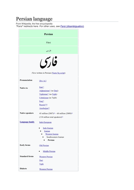 Persian Language from Wikipedia, the Free Encyclopedia "Farsi" Redirects Here