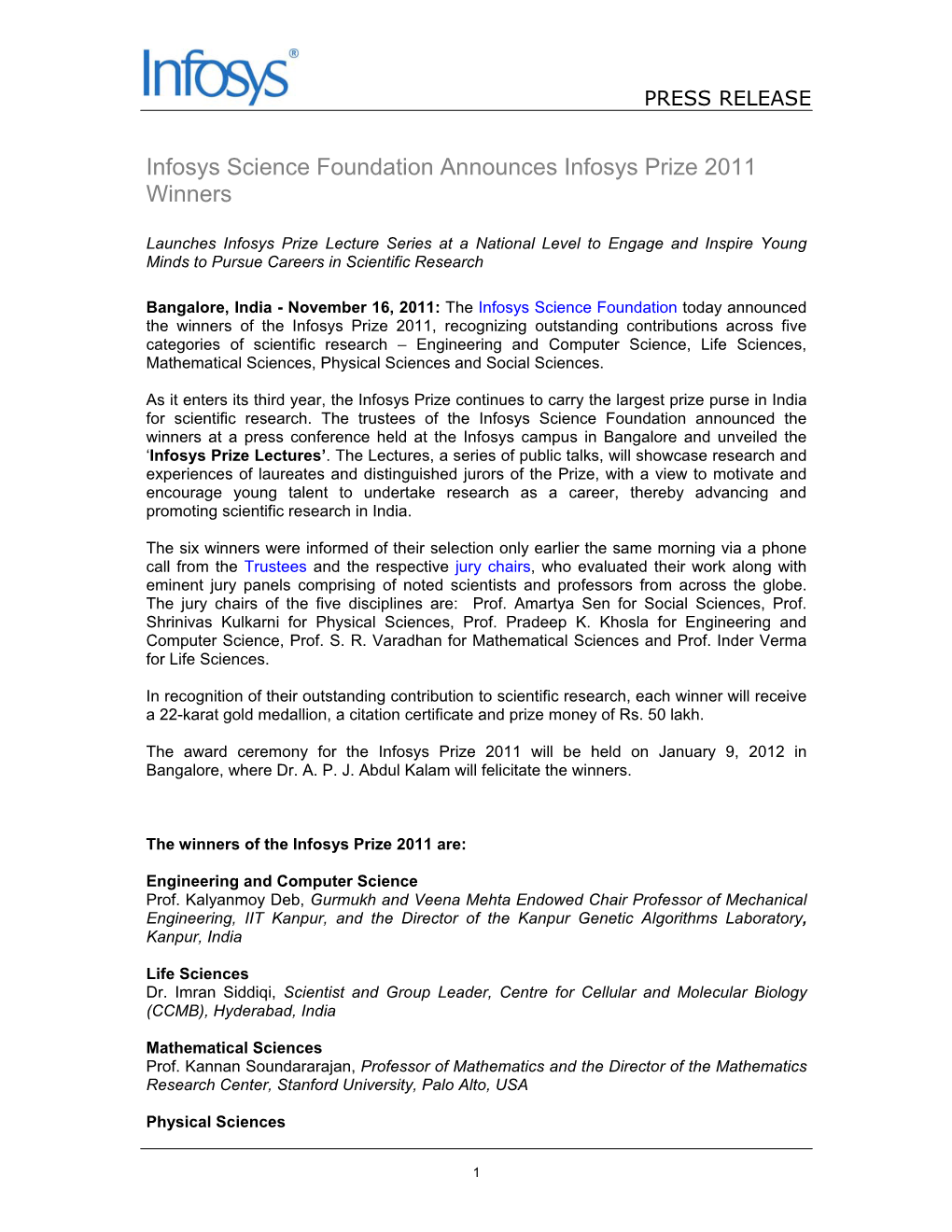Infosys Science Foundation Announces Infosys Prize 2011 Winners
