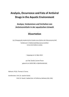 Analysis, Occurrence and Fate of Antiviral Drugs in the Aquatic Environment