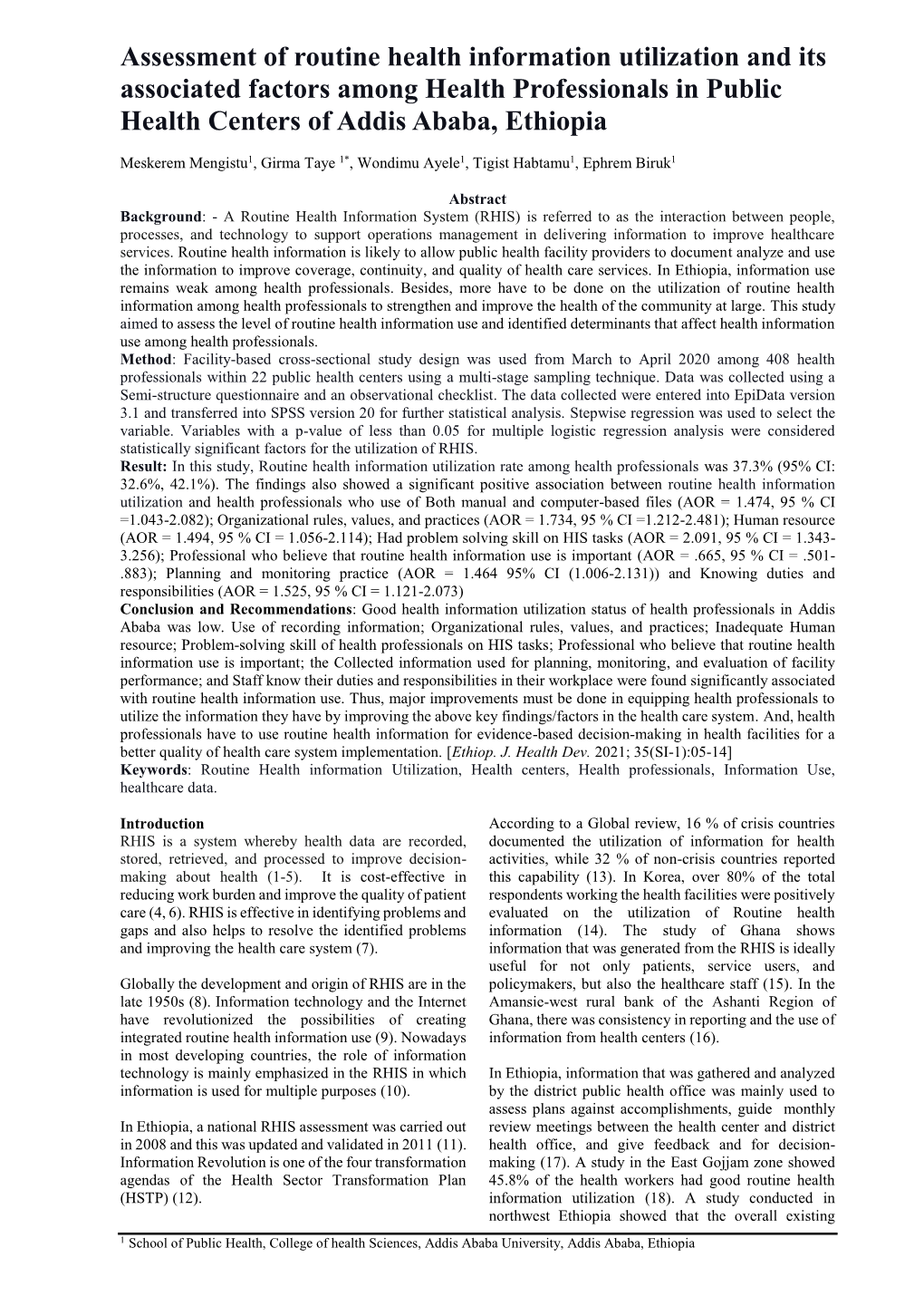 Assessment of Routine Health Information Utilization and Its Associated Factors Among Health Professionals in Public Health Centers of Addis Ababa, Ethiopia