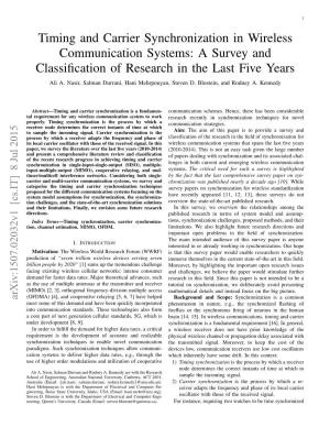 Timing and Carrier Synchronization in Wireless Communication Systems: a Survey and Classiﬁcation of Research in the Last Five Years Ali A