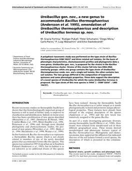 Ureibacillus Gen. Nov., a New Genus to Accommodate Bacillus Thermosphaericus (Andersson Et Al