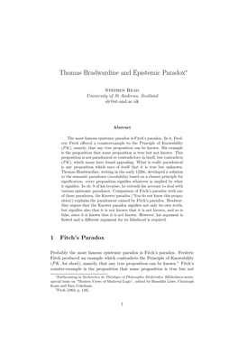 Thomas Bradwardine and Epistemic Paradox∗